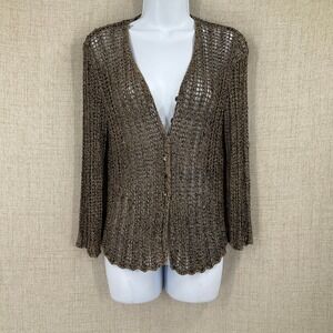 Sigrid Olsen Cardigan Women S Bronze Linen Open Knit Crochet V-Neck Vintage
